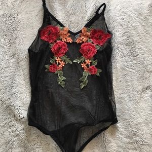Black Lace Floral Bodysuit